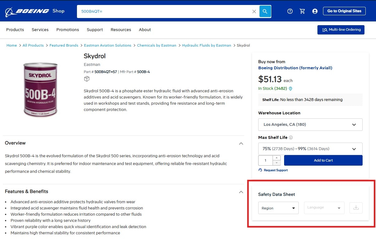 Safety Data Screenshot on Product page